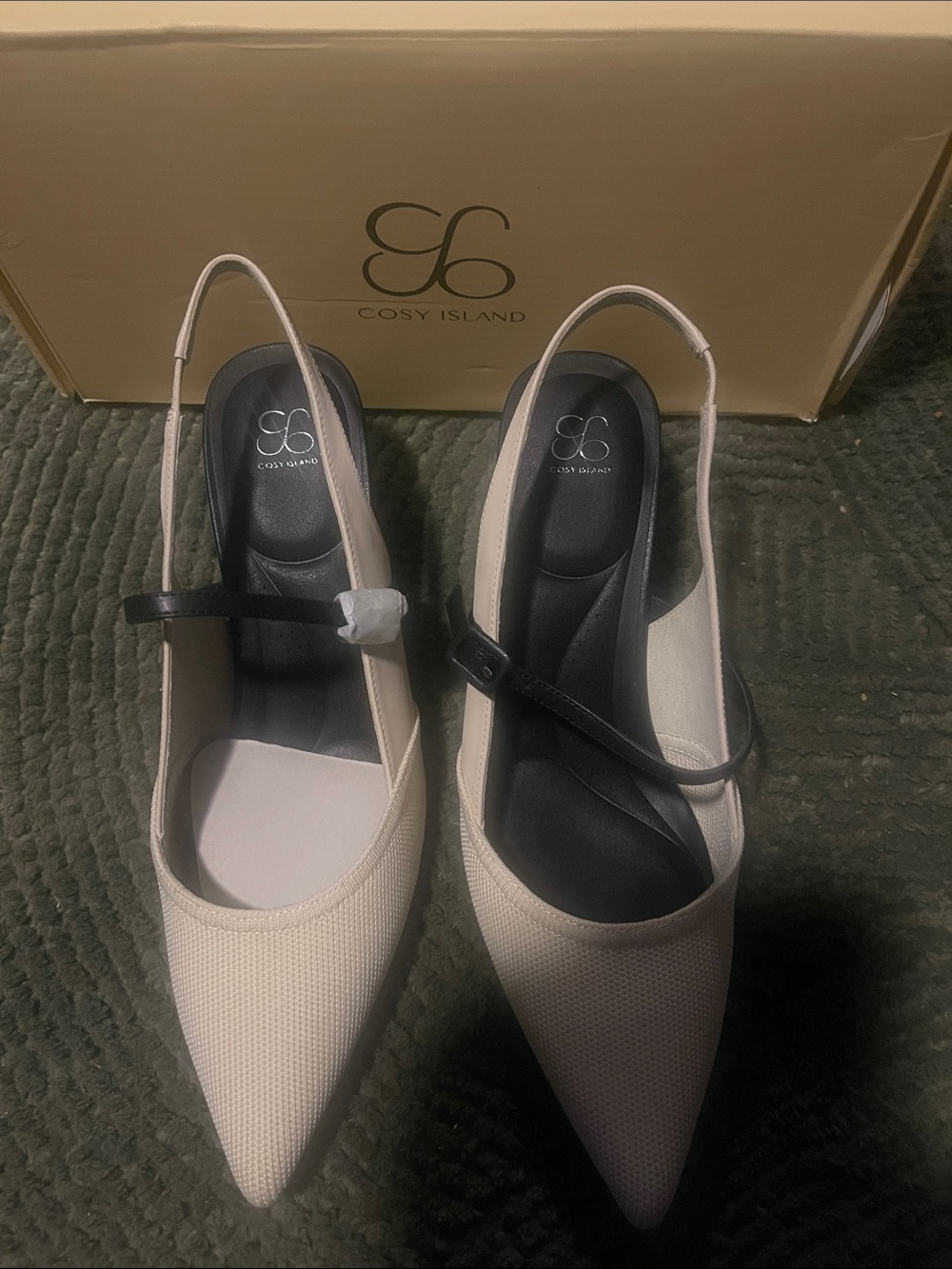 Cosy Island Cream Pointed Slingback Mules with Black Strap